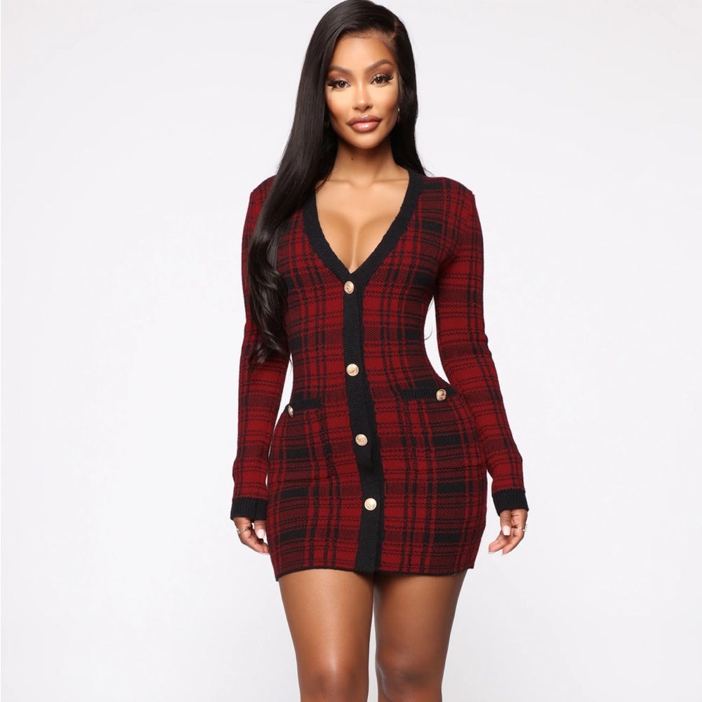 Plaid mini dress. Button front detail. V neck. Stretchy. Worn once. Size small.